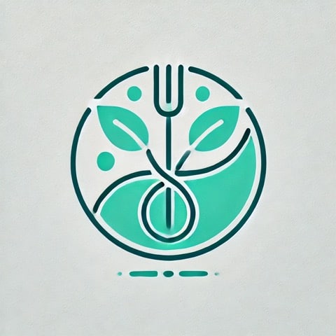 Logo rond turquoise illustrant un coaching nutritionnel, avec une fourchette, des feuilles et une courbe représentant l'équilibre alimentaire.