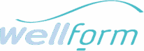 Logo Wellform : mot stylisé en bleu clair et turquoise sur fond vert forêt, surmonté d'une ligne ondulée bleue.