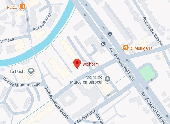 Carte de la Mairie de Marcq-en-Barœul localisant Wellform près de l'Av. du Maréchal Foch et de la Rue du Risban.